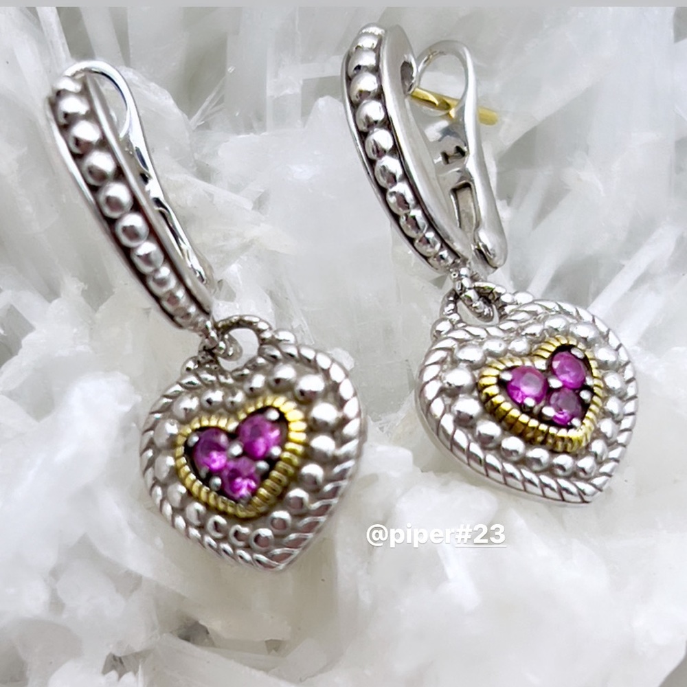 Judith Ripka JR TWO Sterling 18K Gold Rhodolite Heart Drop Legacy Earrings